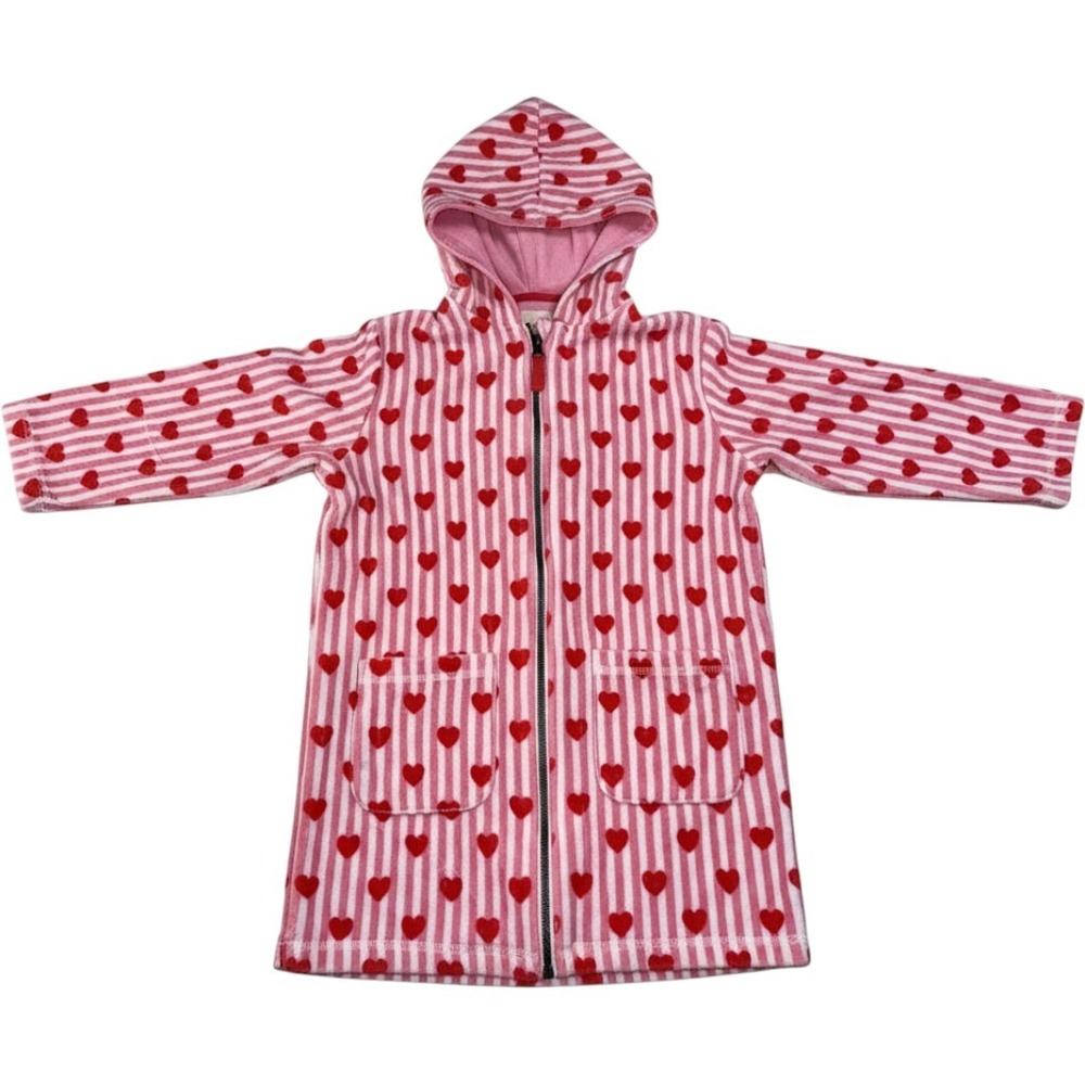 Mini Boden Girls Pink White Heart Stripe Toweling Hooded Robe Cover Up 7-8Y